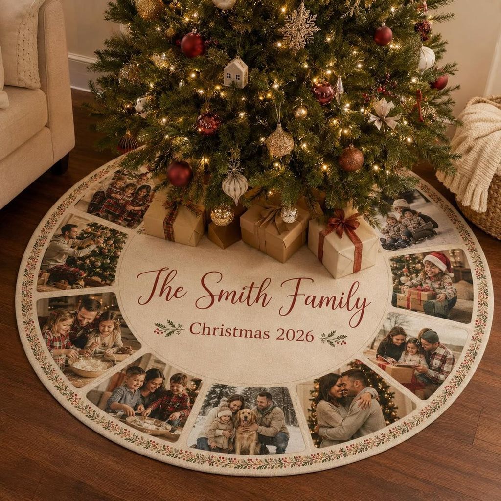Personalized Family Photo Quilted Christmas Tree Skirt – Custom Family Name & Year, Photo Collage Design, Holiday Tree Decor 2026, Family Keepsake