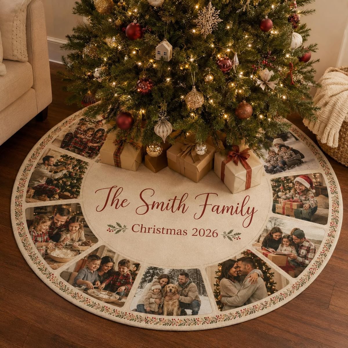 Personalized Family Photo Quilted Christmas Tree Skirt – Custom Family Name & Year, Photo Collage Design, Holiday Tree Decor 2026, Family Keepsake