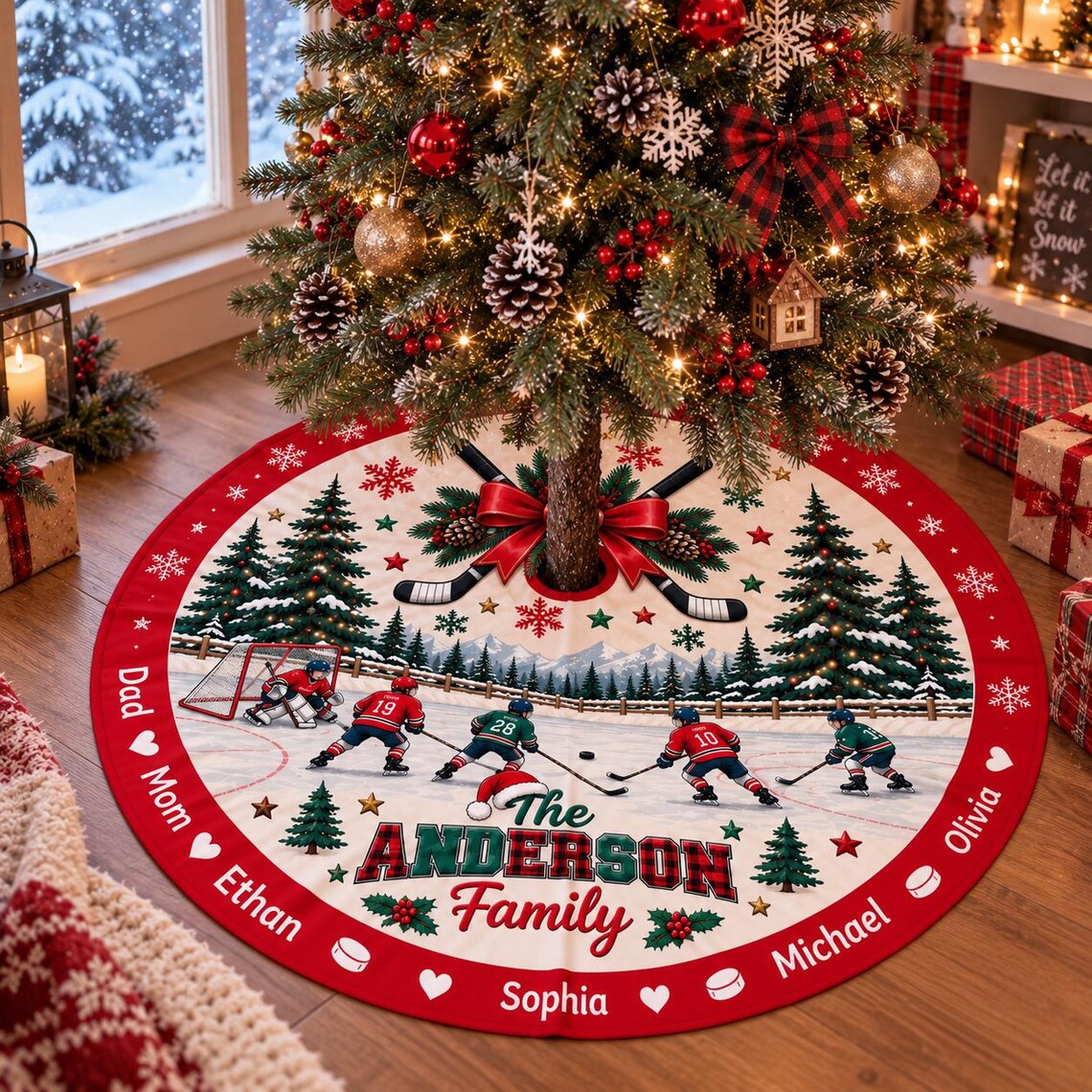 Personalized Hockey Family Quilted Christmas Tree Skirt – Custom Family Names, Ice Hockey Design, Holiday Tree Decor 2026, Family Keepsake