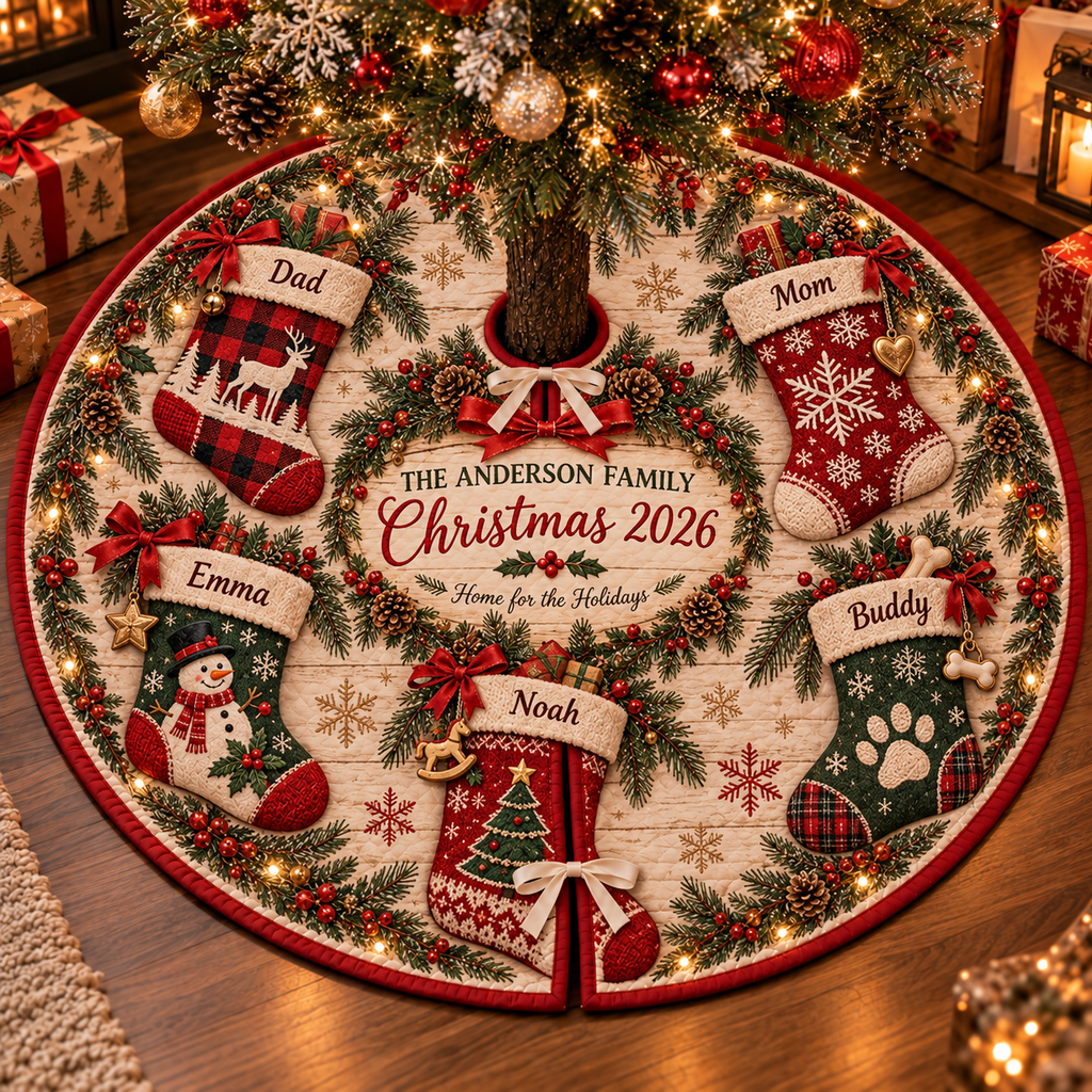 Personalized Christmas Stockings Quilted Christmas Tree Skirt – Custom Family & Pet Names, Rustic Holiday Stocking Design, Christmas 2026, Festive Tree Decor, Family