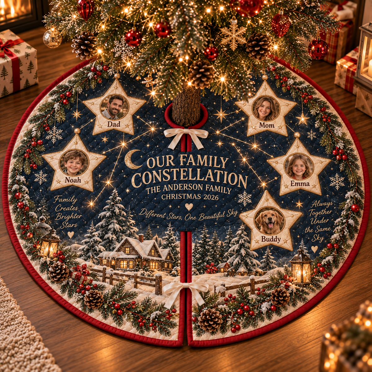 Personalized Family Constellation Quilted Christmas Tree Skirt – Custom Family & Pet Photo Star Design, Christmas 2026, Celestial Night Sky Holiday Tree Decor, Uniqu
