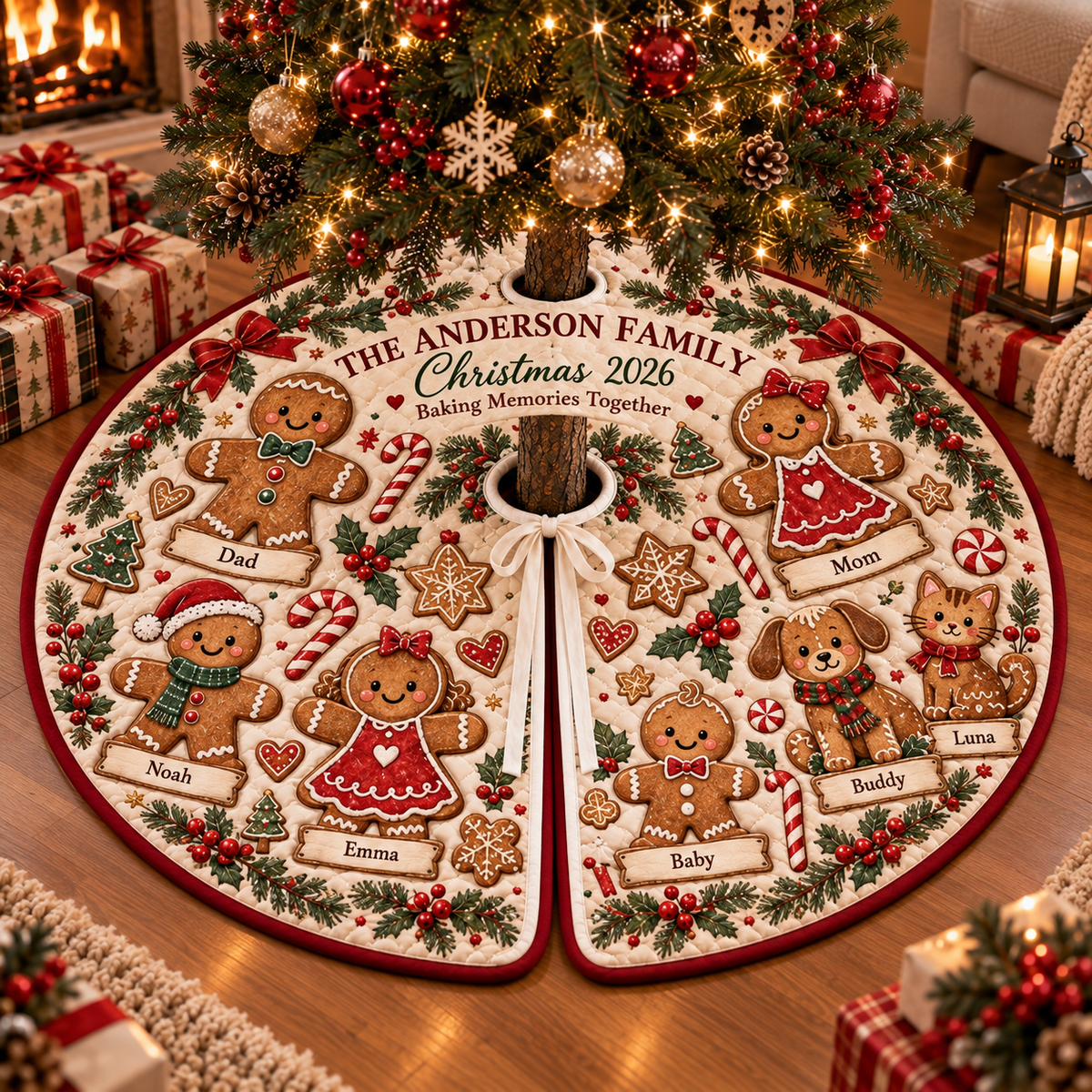 Personalized Gingerbread Family Quilted Christmas Tree Skirt – Custom Family & Pet Names, Cute Gingerbread Cookies Design, Christmas 2026, Festive Holiday Tree Decor