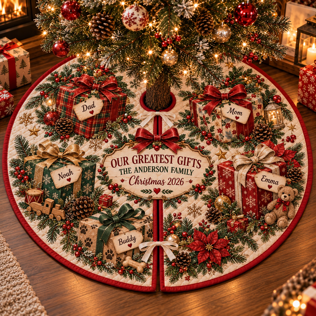 Personalized Our Greatest Gifts Quilted Christmas Tree Skirt – Custom Family & Pet Names, Christmas Gift Box Design, Holiday Tree Decor 2026, Family Keepsake