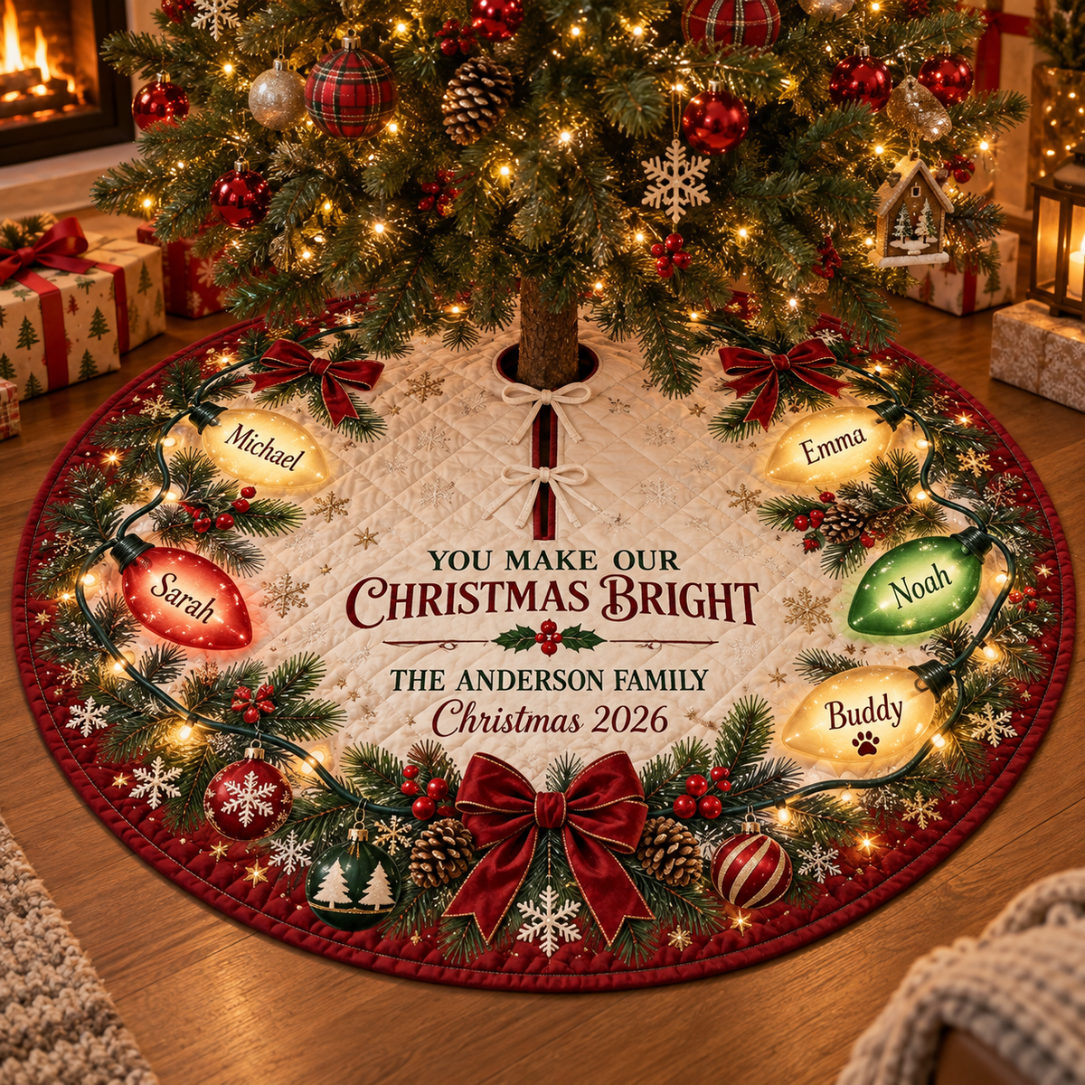 Personalized You Make Our Christmas Bright Quilted Christmas Tree Skirt – Custom Family & Pet Names, Colorful Christmas Lights Design, Holiday Tree Decor 2026, Famil