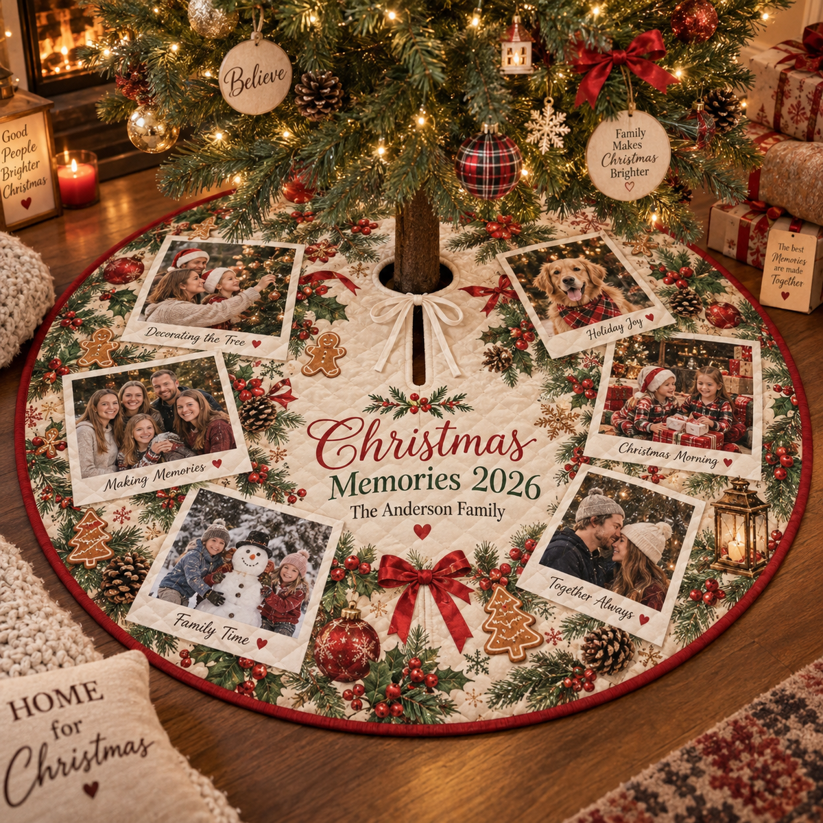 Personalized Christmas Memories 2026 Quilted Christmas Tree Skirt – Custom Family Photo Collage & Name, Vintage Polaroid Design, Holiday Tree Decor, Family Christmas
