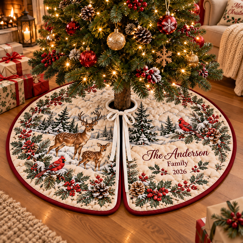 Personalized Christmas Tree Skirt Quilted – Winter Woodland Deer & Cardinal Design, Custom Family Name Christmas Tree Skirt, Rustic Holiday Tree Decor 2026