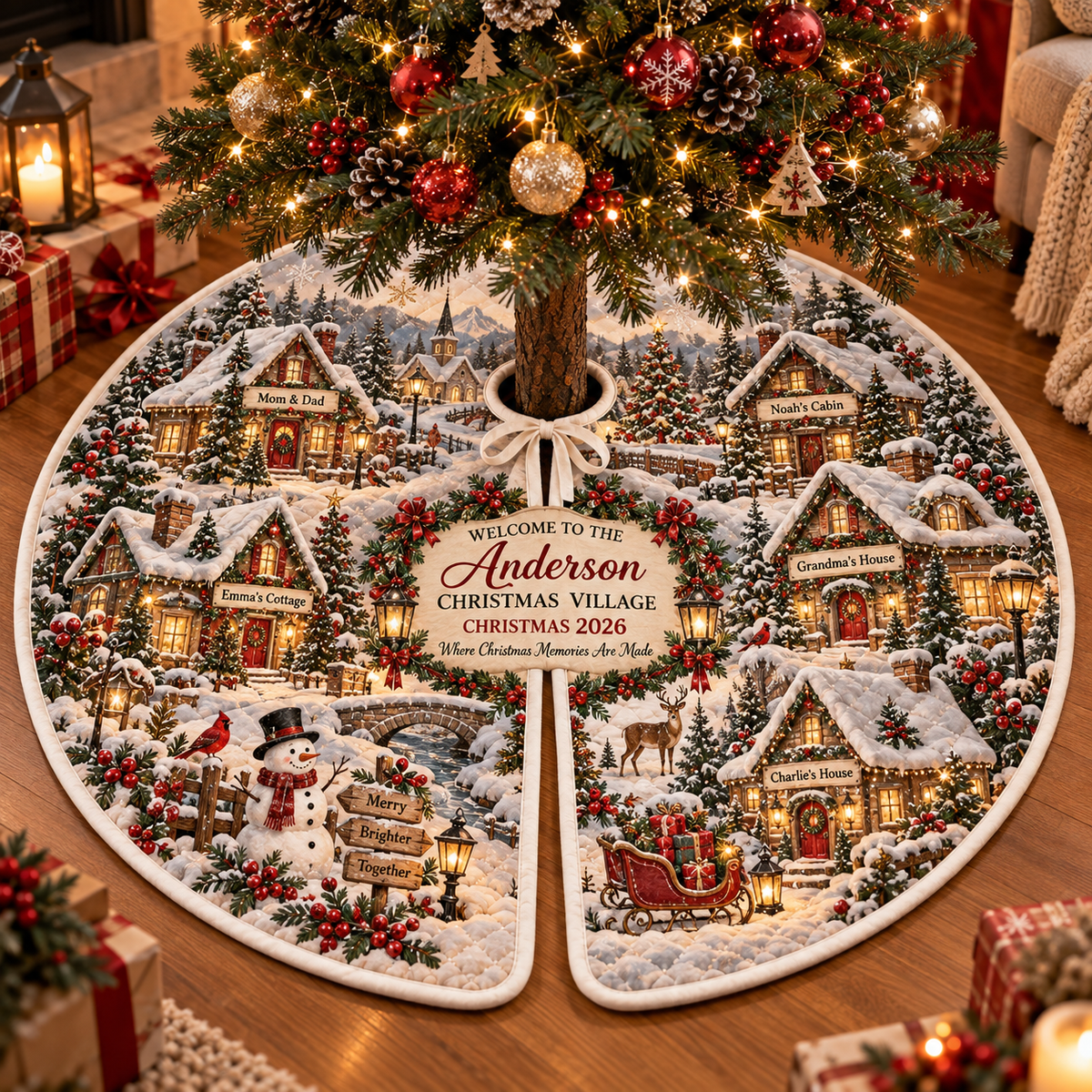 Personalized Christmas Village Quilted Christmas Tree Skirt – Custom Family Name & Christmas Cottages, Snowy Winter Village Design, Christmas 2026, Rustic Holiday Tr