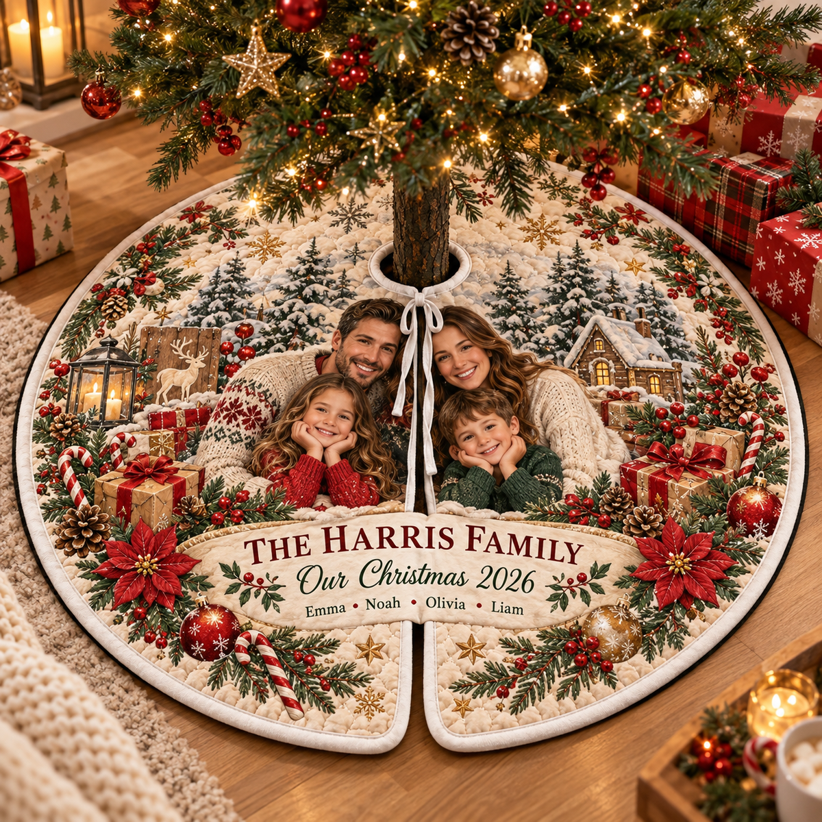 Personalized Family Photo Quilted Christmas Tree Skirt – Custom Family Name & Photo, Our Christmas 2026, Rustic Holiday Tree Decor, Christmas Gift