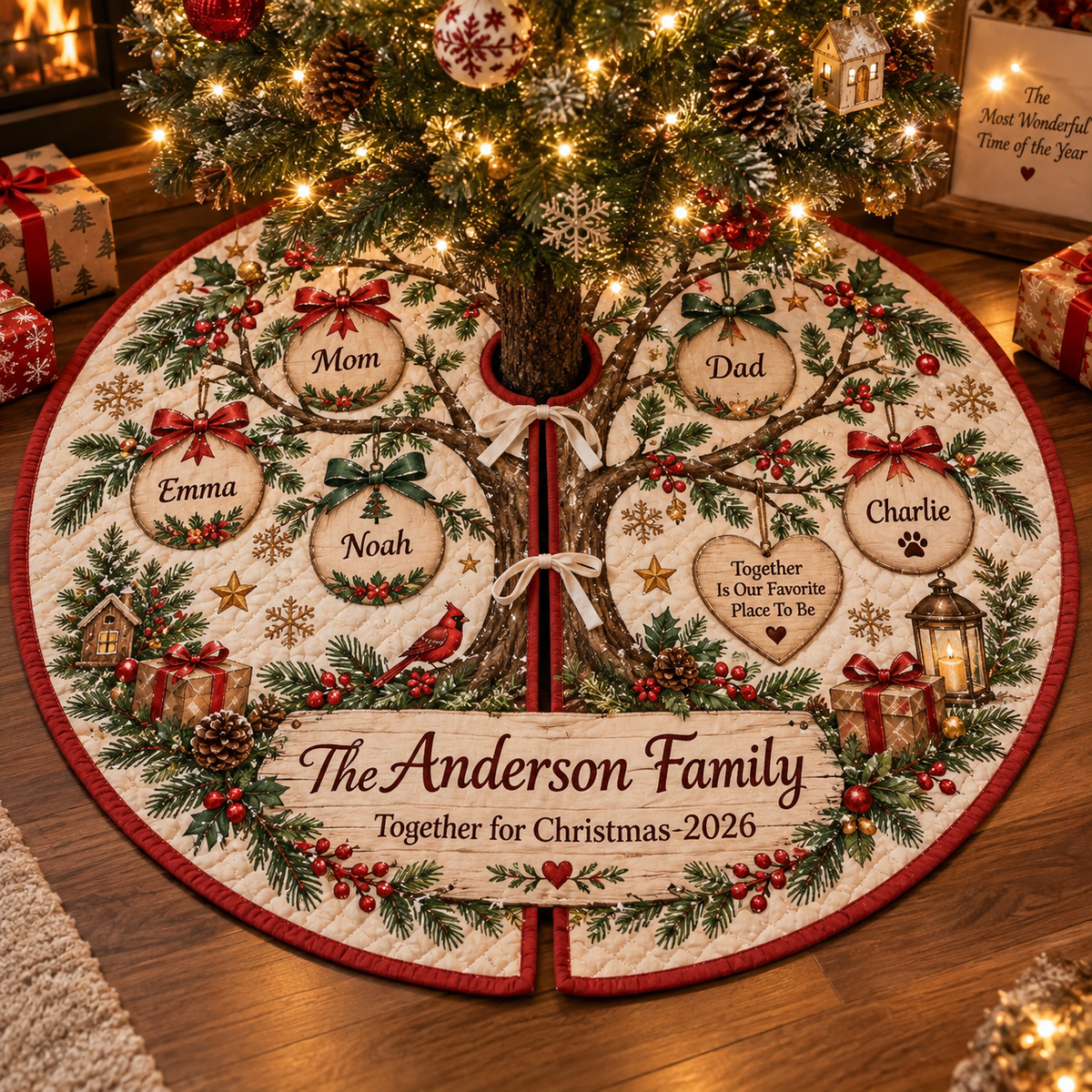 Personalized Family Tree Quilted Christmas Tree Skirt – Custom Family & Pet Names, Rustic Wooden Ornament Design, Together for Christmas 2026, Holiday Tree Decor, Fa